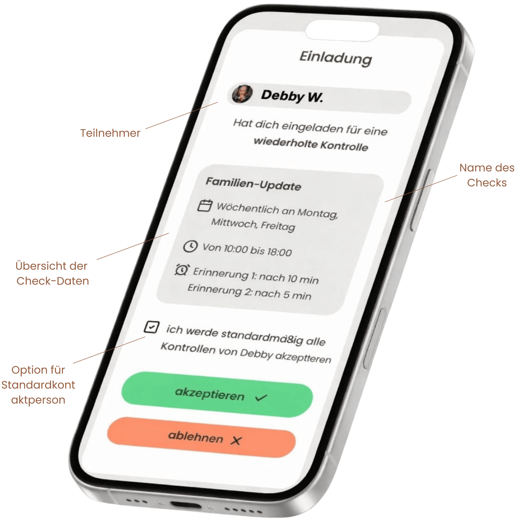 Screenshot der aQuickCheck-App, auf dem du dich mit deiner Telefonnummer anmeldest und einen Check einrichtest